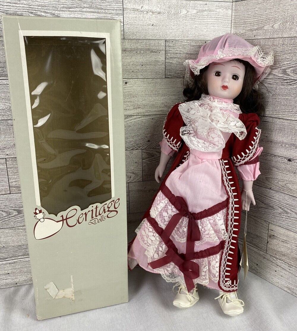 Vintage Authentic Heritage Collector’s Musical Doll 16” Burgundy Pink Dress